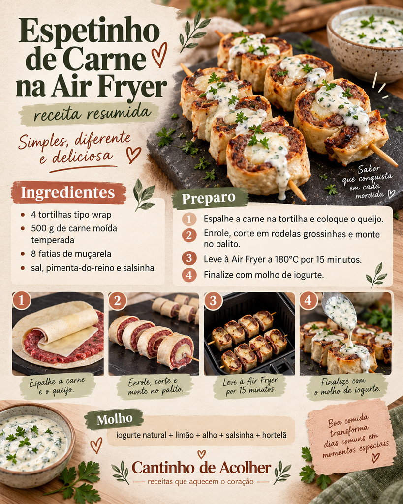 Infográfico com a receita resumida de espetinho de carne na Air Fryer, com ingredientes e passo a passo