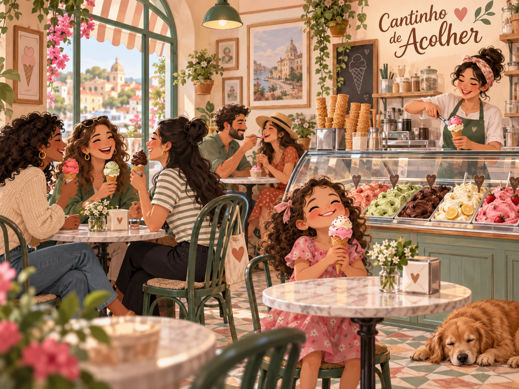 Pessoas reunidas em uma gelateria, conversando e tomando diferentes sabores de sorvete em um ambiente alegre e acolhedor.