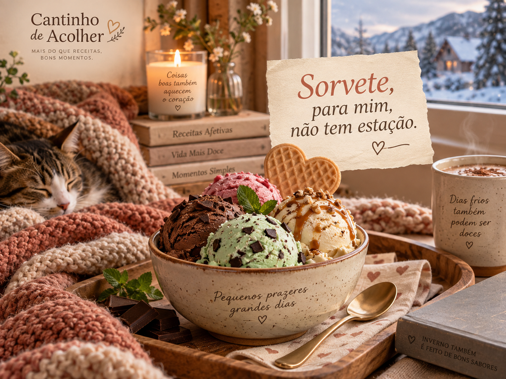 Cena aconchegante com tigela de sorvete em ambiente de inverno, mostrando que sorvete combina com toda estação.