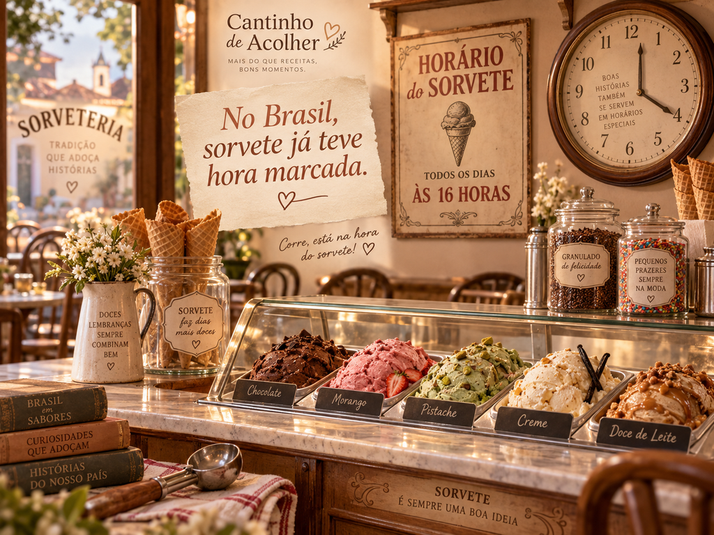 Cena de sorveteria retrô com vários sabores de sorvete e referência à época em que o sorvete no Brasil já teve hora marcada.