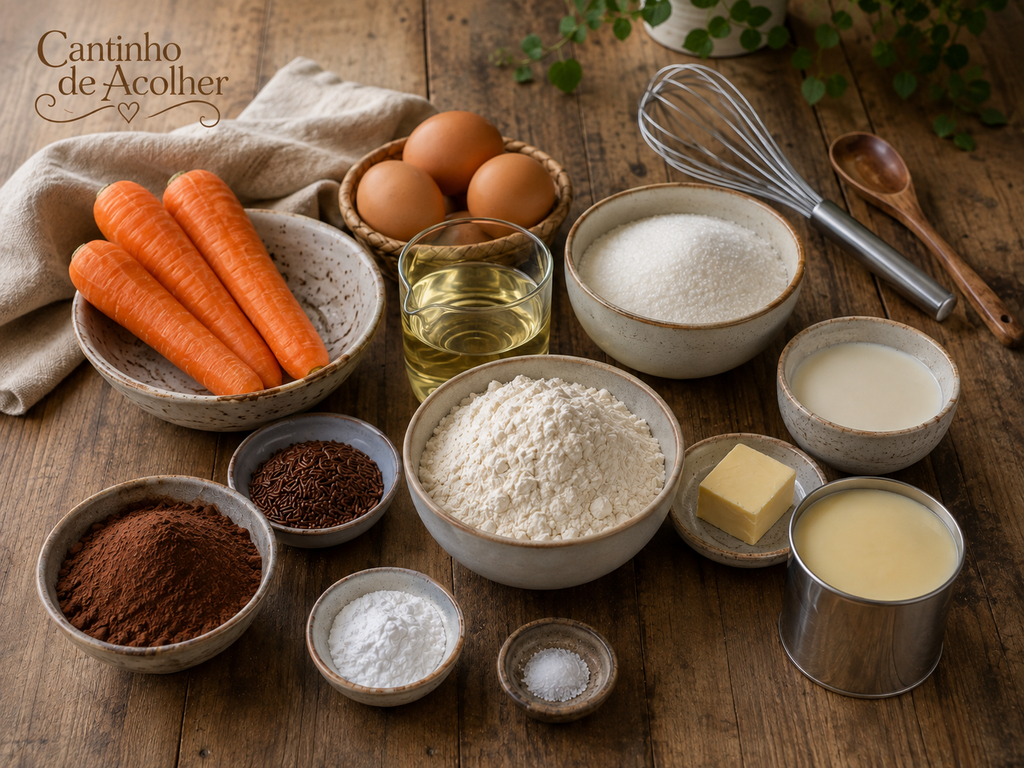 Ingredientes para bolo de cenoura de liquidificador com cobertura de chocolate, incluindo cenouras, ovos, farinha, açúcar, óleo, leite condensado e chocolate em pó