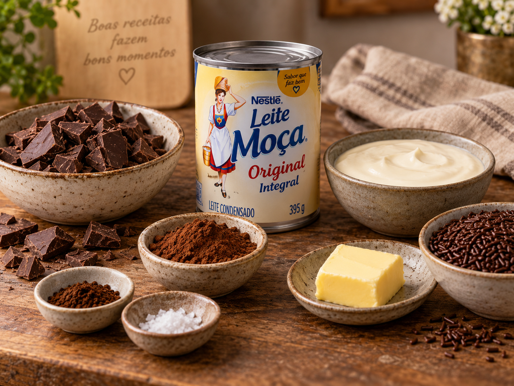 Ingredientes para brigadeiro gourmet de chocolate com leite condensado integral, chocolate meio amargo, creme de leite, cacau e manteiga