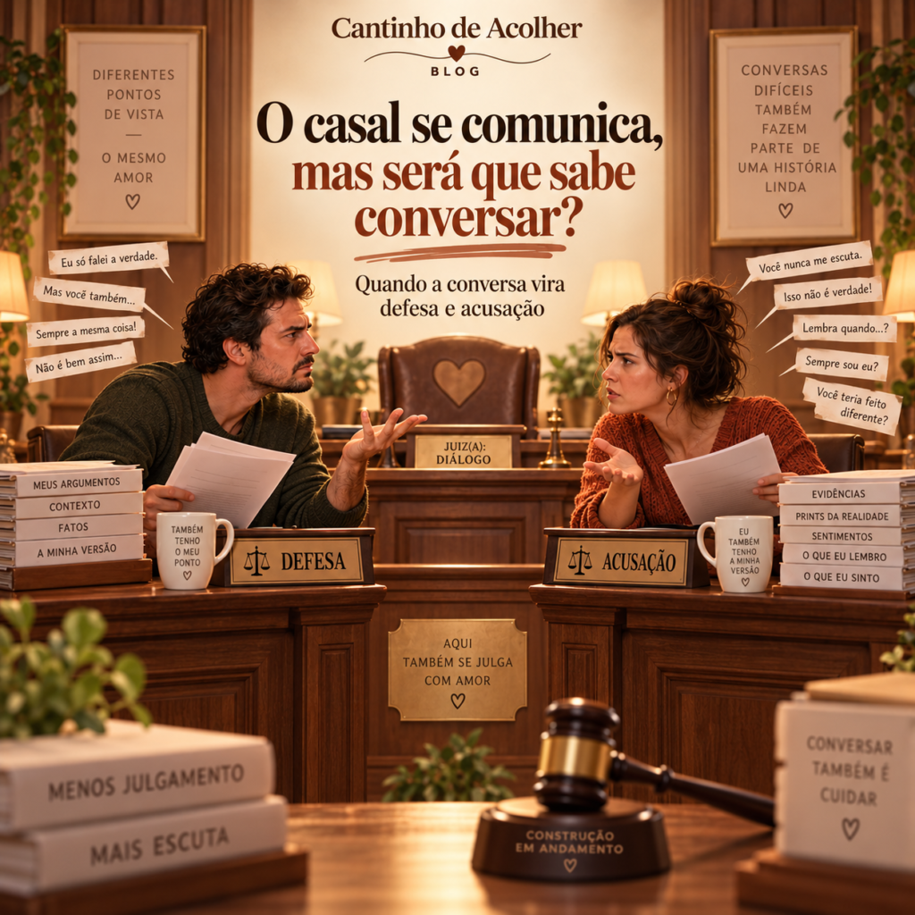 Casal em um cenário inspirado em um tribunal, representando quando uma conversa no relacionamento vira defesa e acusação.