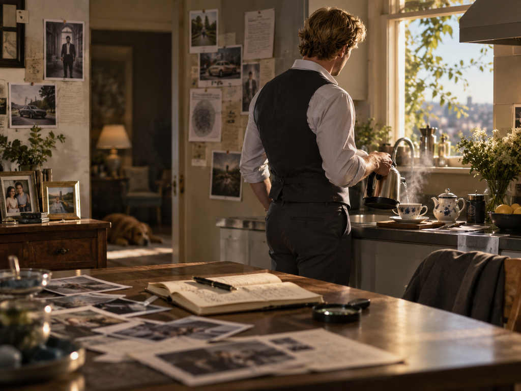 Patrick Jane preparando chá enquanto observa o ambiente durante uma investigação em O Mentalista.