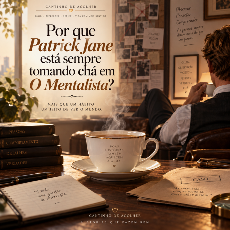 Patrick Jane e o hábito de tomar chá em O Mentalista, representado por uma xícara de chá e elementos ligados à investigação.