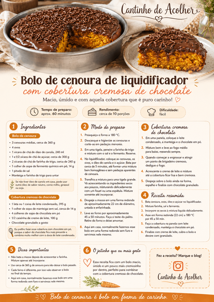 Infográfico com a receita de bolo de cenoura de liquidificador com cobertura cremosa de chocolate, ingredientes, modo de preparo e dicas