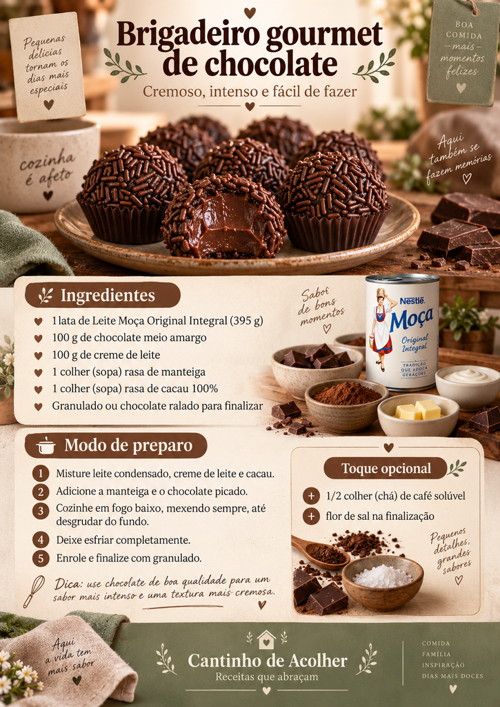Infográfico com receita de brigadeiro gourmet de chocolate, ingredientes, modo de preparo e sugestões com café e flor de sal