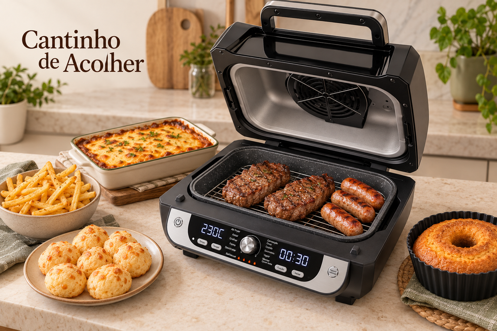 Air Fryer WAP Barbecue com carnes, batata frita, pão de queijo, lasanha e bolo
