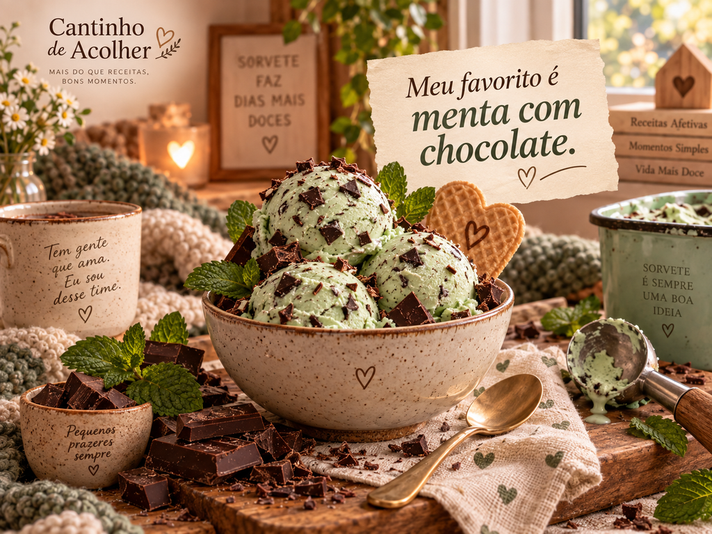 Sorvete de menta com chocolate servido em uma tigela, com pedaços de chocolate e folhas de hortelã, representando o meu sabor preferido.