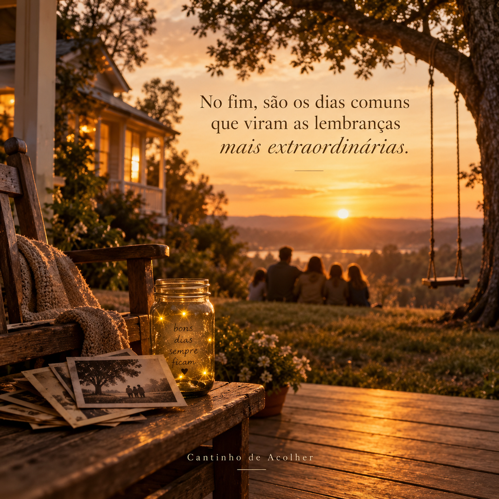 Arte inspirada em This Is Us com família reunida ao pôr do sol e a frase sobre os dias comuns que viram lembranças extraordinárias.