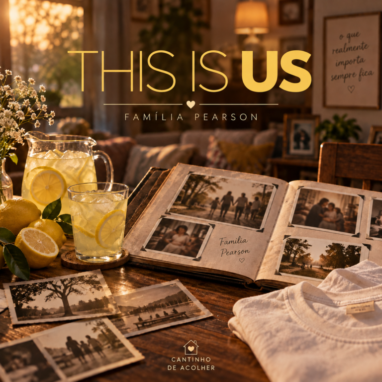 Capa do artigo sobre This Is Us com álbum de família, fotografias antigas e limonada representando as memórias e a história da família Pearson.