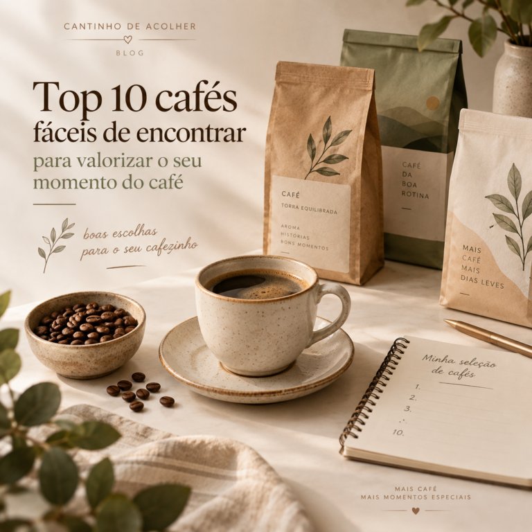 Arte de capa do artigo com café sobre a mesa e embalagens ao fundo, destacando uma seleção de cafés fáceis de encontrar para valorizar o momento do café.