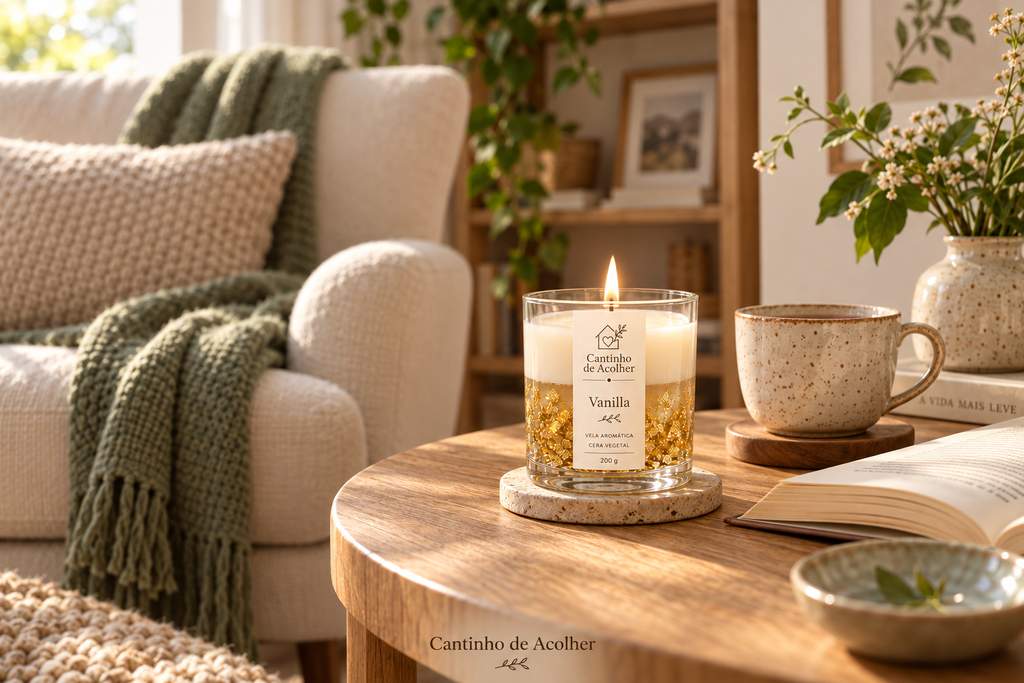 Vela aromática Vanilla Cantinho de Acolher acesa sobre uma mesa de madeira, ao lado de uma xícara e um livro, perto de uma poltrona com manta verde.