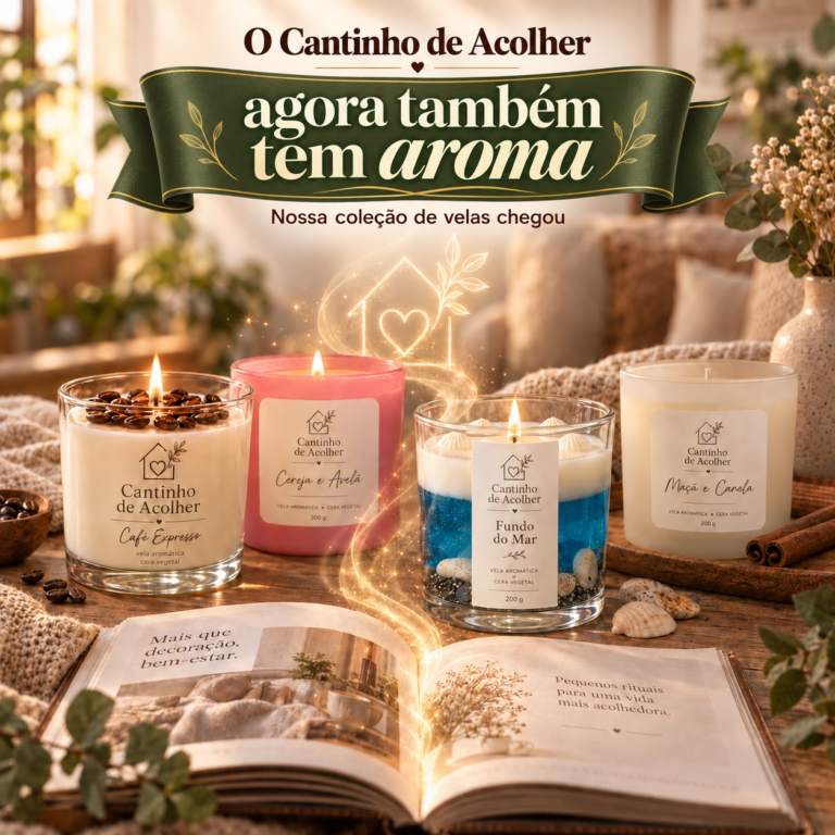Velas aromáticas Cantinho de Acolher sobre uma mesa de madeira, com um livro aberto e iluminação acolhedora.