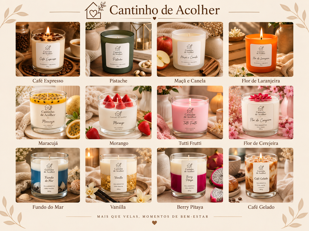 Montagem com velas aromáticas Cantinho de Acolher, em diferentes cores e aromas, organizadas em três linhas de quatro.